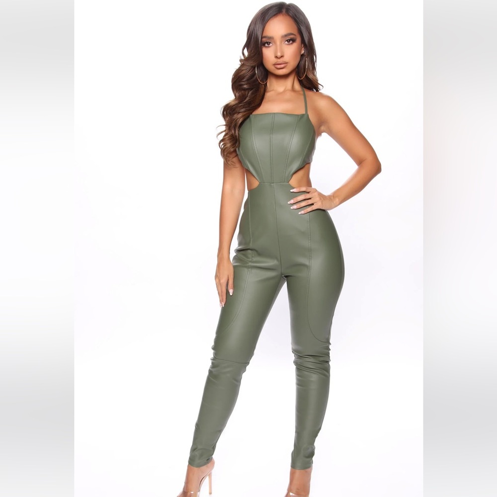 BRAND NEW Fashion Nova Olive Faux Leather Skinny Jumpsuit XS